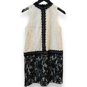 Maggy London Women's 6 Petite Drop Waist Sleeveless Lace Knee Dress Cream Black